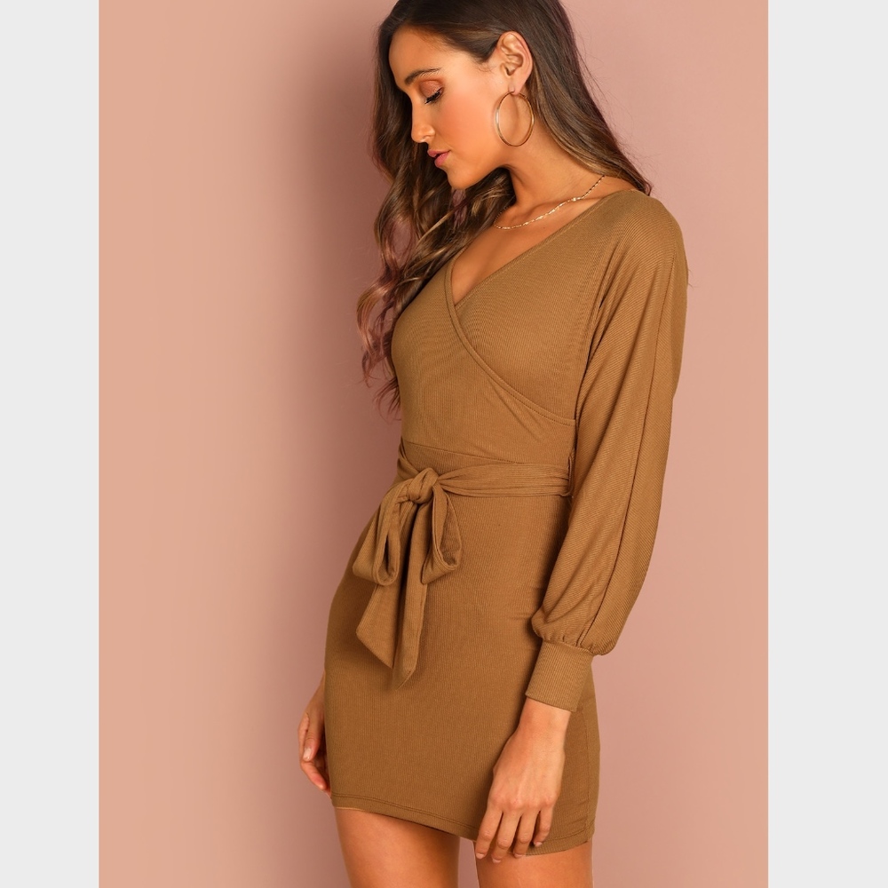 Camel V-Neck Self-Tie Belt Long Sleeve Mini Dress - Picture 2 of 7